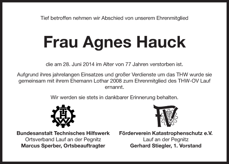  Traueranzeige für Agnes Hauck vom 02.07.2014 aus Pegnitz-Zeitung